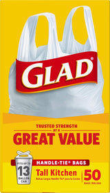 Glad Tall Kitchen Trash Bags 13 Gallon, Unscented Garbage Bags, Handle-Tie, 50 Count