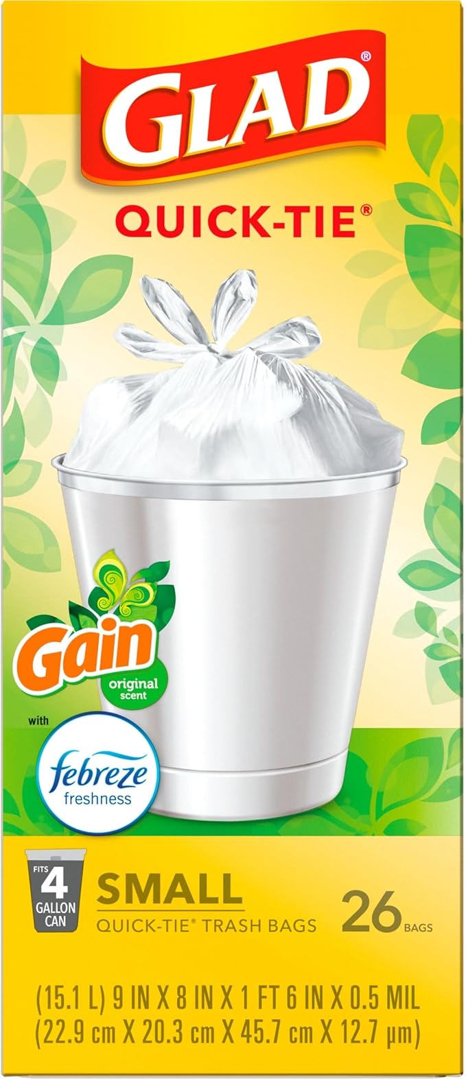 Glad Trash Bags, OdorShield Small Garbage Bags, Gain Original & Febreze, 4 Gal, 26 Count (Pack of 6)