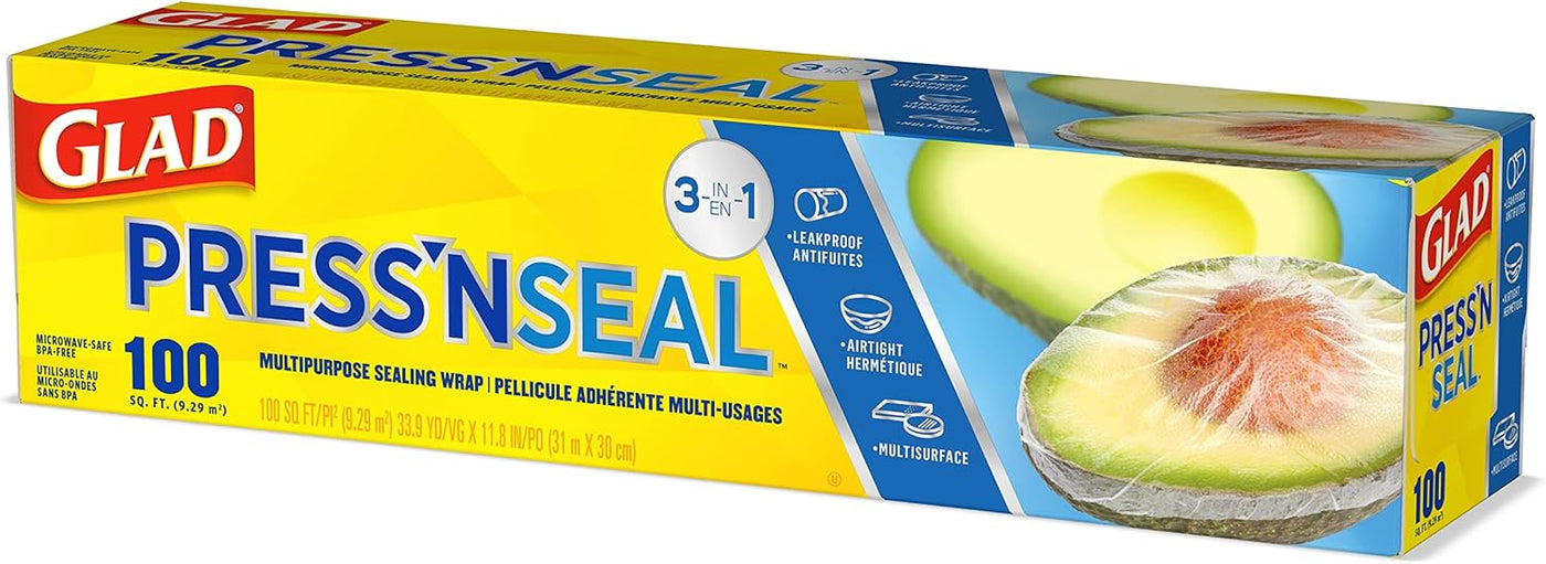 Glad Press'N Seal Plastic Food Wrap, 100 Square Foot Roll, Pack of 3, (Package May Vary)