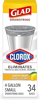 Glad Small Drawstring Trash Bags with Clorox, 4 Gal, Lemon Fresh Bleach, 34 Ct (Package May Vary)