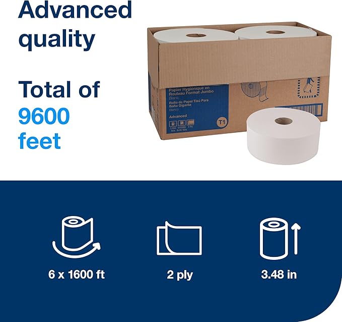 Tork Jumbo Toilet Paper Roll White T1, Advanced, 2-ply, 6 x 1600 feet, 12021502, 6 Count (Pack of 1)