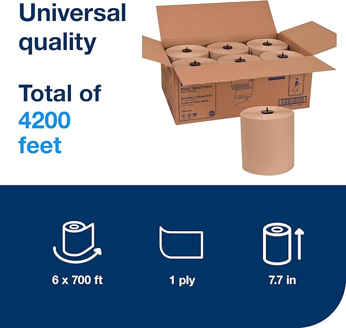 Tork Matic Paper Hand Towel Roll Natural H1, Universal, 100% Recycled Fiber, 6 Rolls x 700 ft, 290088