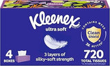 Kleenex Ultra Soft Facial Tissues, 4 Flat Boxes, 180 Tissues per Box, 3-Ply, Packaging May Vary