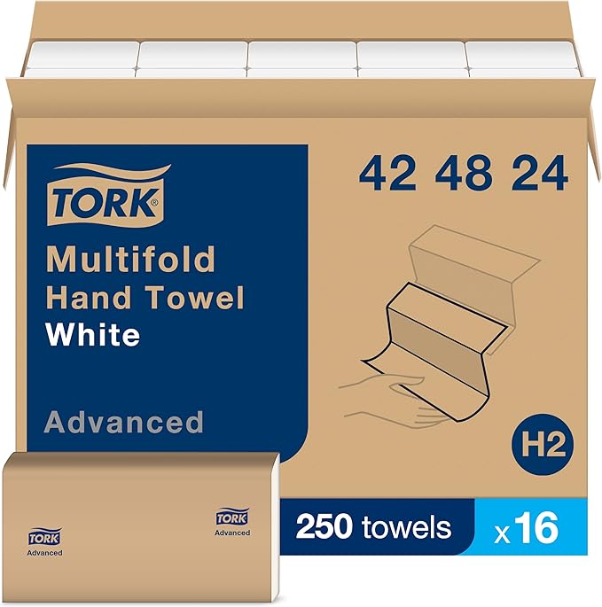 Tork Multifold Hand Towel White, 3-Panel, 250 Towels per Pack, 16 Packs, Fits H2 Towel Dispensers