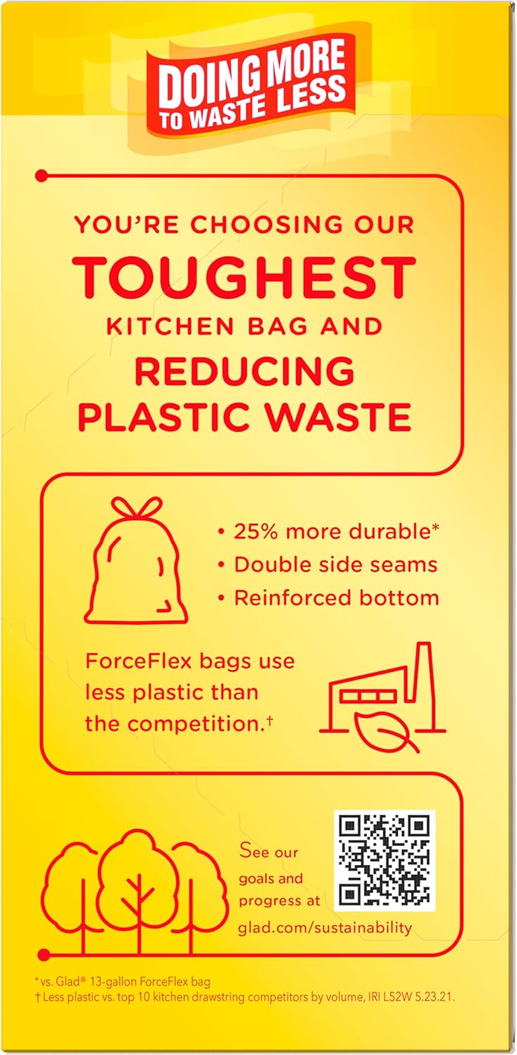 Glad ForceFlex MaxStrength Tall Kitchen Drawstring Trash Bags, 13 Gallon, Sweet Citron Lime with Febreze Freshness, 34 Count, Package May Vary