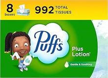 Puffs Plus Lotion Facial Tissues, 8 Family Boxes, 124 Facial Tissues per Box, Allergies and Colds