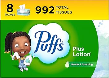 Puffs Plus Lotion Facial Tissues, 8 Family Boxes, 124 Facial Tissues per Box, Allergies and Colds