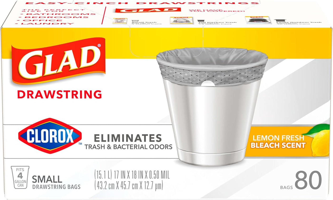 Glad Small Trash Bags 4 Gallon, Lemon Fresh Bleach Garbage Bags, Odor Resistant with Drawstring, 80 Count
