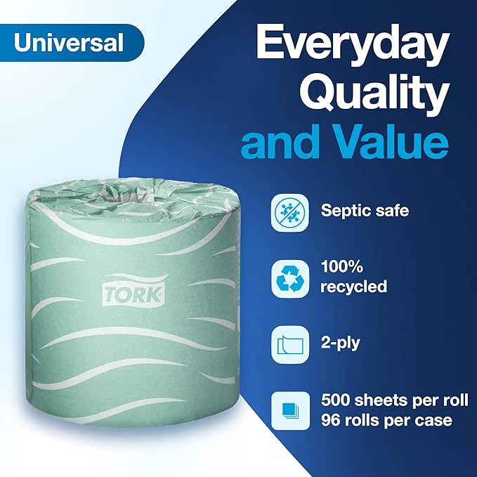 Tork Septic Safe Toilet Paper, White, 2-Ply 100% Recycled, Eco-Friendly, T24 Compatible 96 Rolls x 500 Sheets (TM1616S)