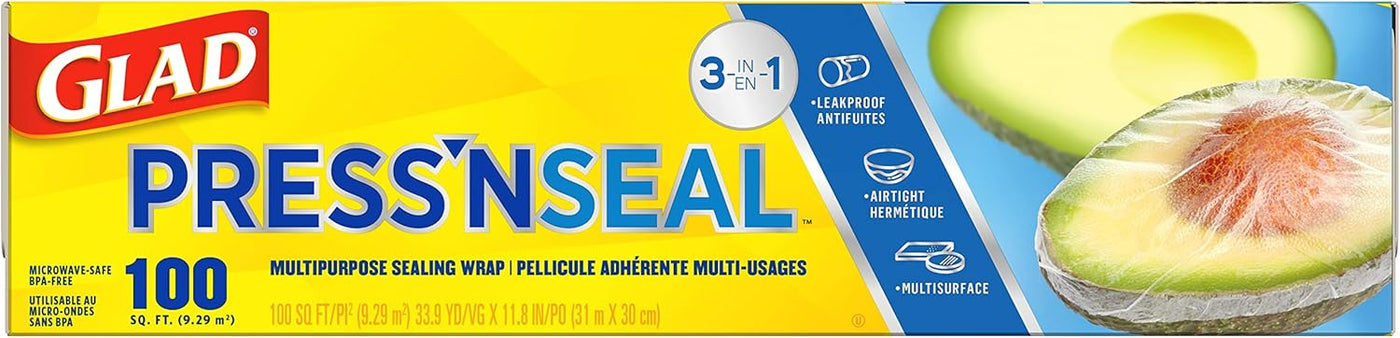 Glad Press'N Seal Plastic Food Wrap, 100 Square Foot Roll, Pack of 3, (Package May Vary)