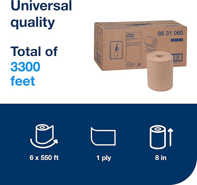 Tork Paper Towel Roll Natural H86, Universal, for Mini Dispensers, 6 Rolls x 550 ft, 8631060