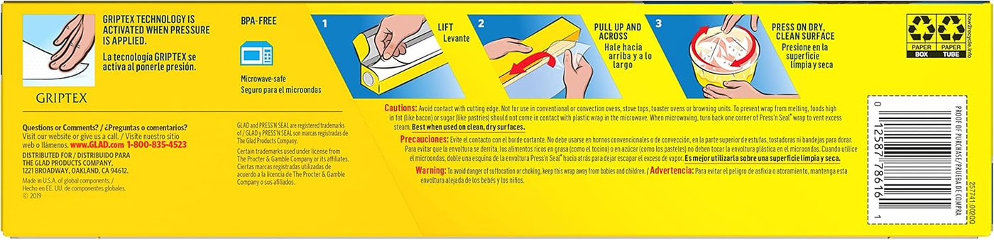 Glad Press'N Seal Plastic Food Wrap, 100 Square Foot Roll, Pack of 3, (Package May Vary)