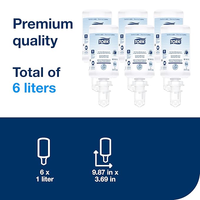 Tork Extra Mild Hand Washing Foam Soap S4, No Fragrance Added, 6 x 1L, 401811 (formerly 401211)