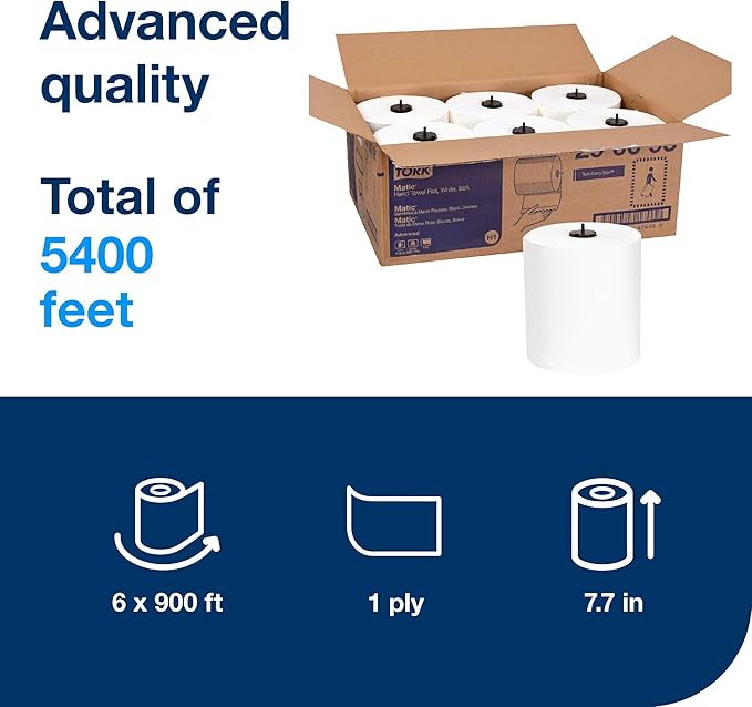 Tork Matic Soft Hand Towel Roll White H1, Advanced, High Absorbency, 6 Rolls x 900 ft, 290095