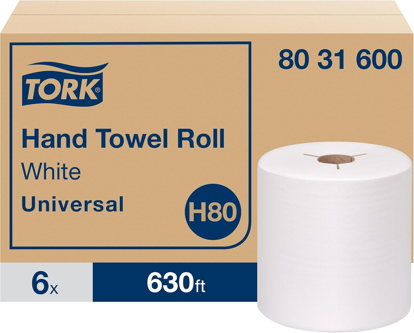 Tork Hand Towel Roll White H80, Universal, 100% Recycled Fiber, 6 Rolls x 630 ft, 8031600