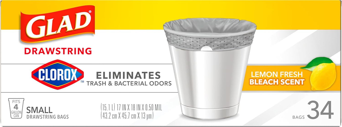 Glad Small Drawstring Trash Bags with Clorox, 4 Gal, Lemon Fresh Bleach, 34 Ct (Package May Vary)