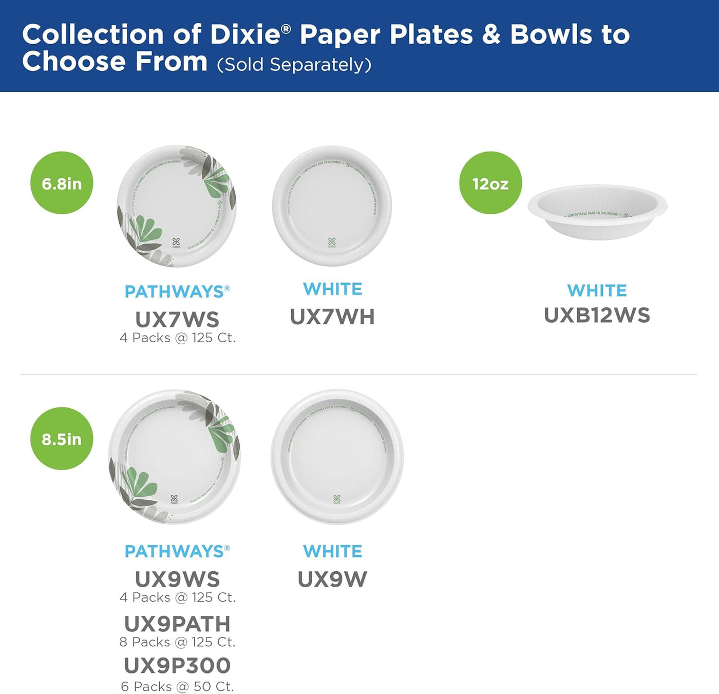 Dixie 8.5" Medium-Weight Paper Plates by GP PRO (Georgia-Pacific), Pathways, UX9WS, 500 Count (125 Plates Per Pack, 4 Packs Per Case)