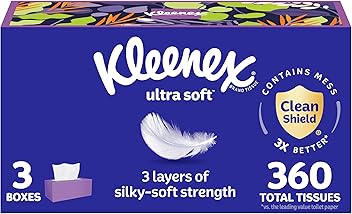 Kleenex Ultra Soft Facial Tissues, 3 Flat Boxes, 120 Tissues per Box, 3-Ply (360 Total), Packaging May Vary