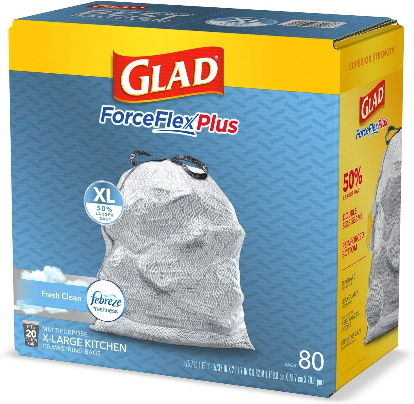 Glad Trash Bags, Force Flex Kitchen Pro Drawstring Garbage Bags, Fresh Clean, 80 Count
