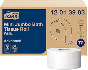 Tork Mini Jumbo Toilet Paper Roll White T2, Advanced, 1-Ply, 12 x 1200', 12013903