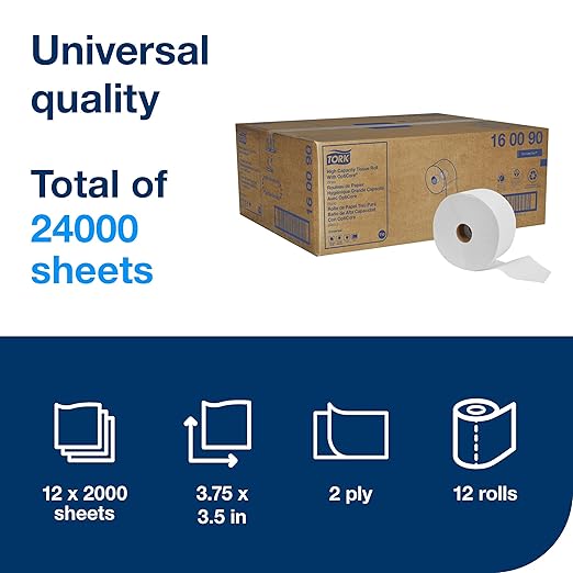 Tork OptiCore® Mid-size Toilet Paper Roll White T10, Universal, 2-ply, 12 x 2000 sheets, 160090