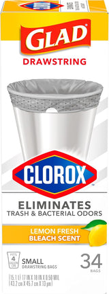 Glad Small Drawstring Trash Bags with Clorox, 4 Gal, Lemon Fresh Bleach, 34 Ct (Package May Vary)