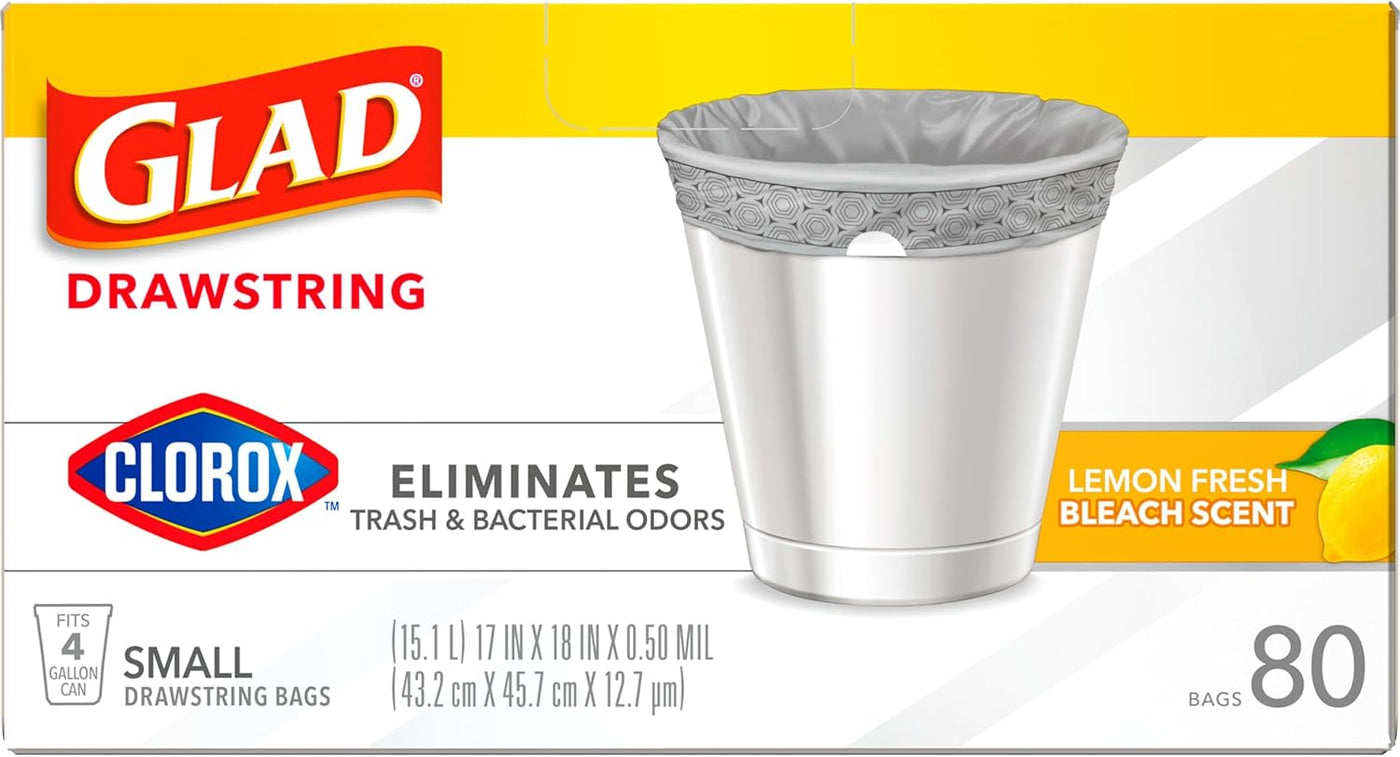 Glad Small Trash Bags 4 Gallon, Lemon Fresh Bleach Garbage Bags, Odor Resistant with Drawstring, 80 Count