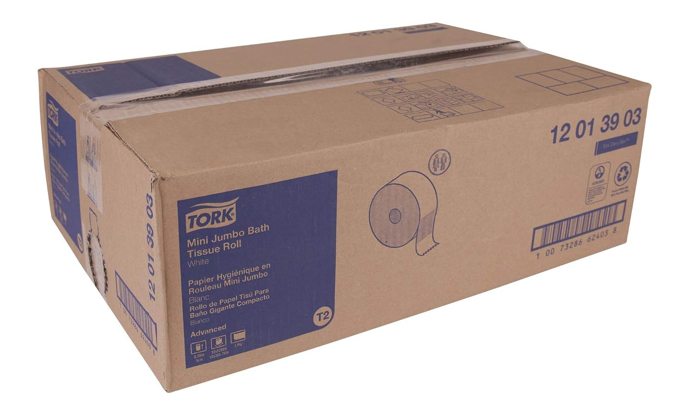Tork Mini Jumbo Toilet Paper Roll White T2, Advanced, 1-Ply, 12 x 1200', 12013903