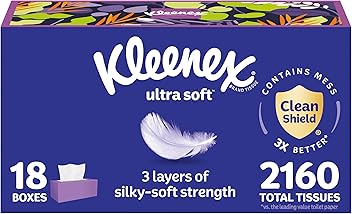 Kleenex Ultra Soft Facial Tissues, 18 Flat Boxes, 120 Tissues per Box, 3-Ply (2,160 Total), Packaging May Vary