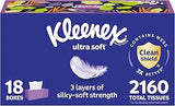 Kleenex Ultra Soft Facial Tissues, 18 Flat Boxes, 120 Tissues per Box, 3-Ply (2,160 Total), Packaging May Vary