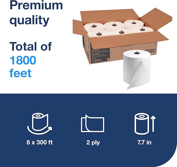 Tork Matic Extra Soft Paper Hand Towel Roll White with Blue Leaf H1, Premium, High Absorbency, 6 Rolls x 300 ft, 290094