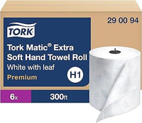 Tork Matic Extra Soft Paper Hand Towel Roll White with Blue Leaf H1, Premium, High Absorbency, 6 Rolls x 300 ft, 290094