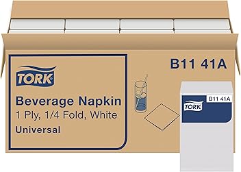 Tork White Beverage Napkin, 1/4 Fold 1-ply, 9.4" x 9.4", 8 x 500 napkins, B1141A