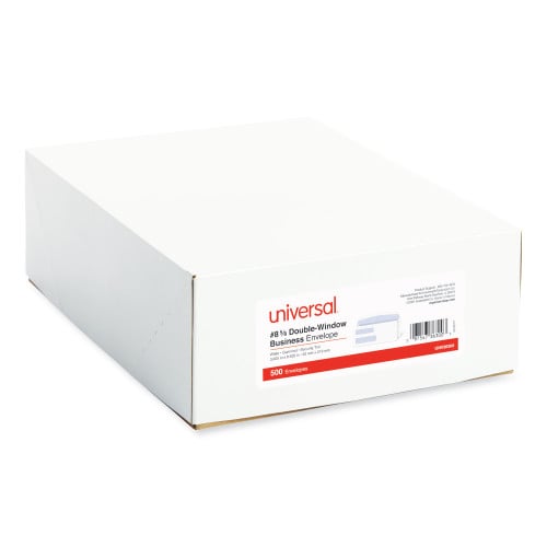 Universal Double Window Business Envelope, #8 5/8, Commercial Flap, Gummed Closure, 3.63 x 8.63, White, 500/Box (UNV36300)