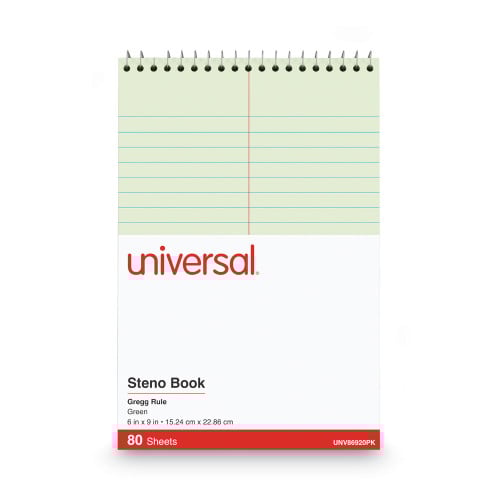 Universal Steno Pads, Gregg Rule, Red Cover, 80 Green-Tint 6 x 9 Sheets, 6/Pack (UNV86920PK)