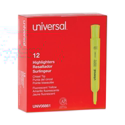 Universal Desk Highlighters, Fluorescent Yellow Ink, Chisel Tip, Yellow Barrel, Dozen (UNV08861)