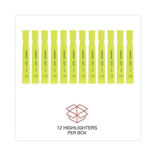 Universal Desk Highlighters, Fluorescent Yellow Ink, Chisel Tip, Yellow Barrel, Dozen (UNV08861)