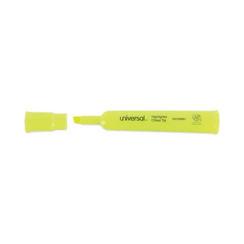 Universal Desk Highlighters, Fluorescent Yellow Ink, Chisel Tip, Yellow Barrel, Dozen (UNV08861)