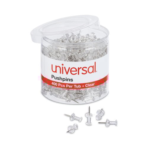 Universal Clear Push Pins, Plastic, Clear, 0.38", 400/Pack (UNV31306)