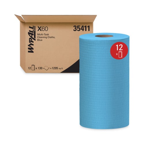 WypAll General Clean X60 Cloths, Small Roll, 9.8 x 13.4, Blue, 130/Roll, 12 Rolls/Carton (35411)