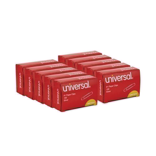 Universal Paper Clips, #1, Smooth, Silver, 100 Clips/Box, 10 Boxes/Pack (UNV72210)