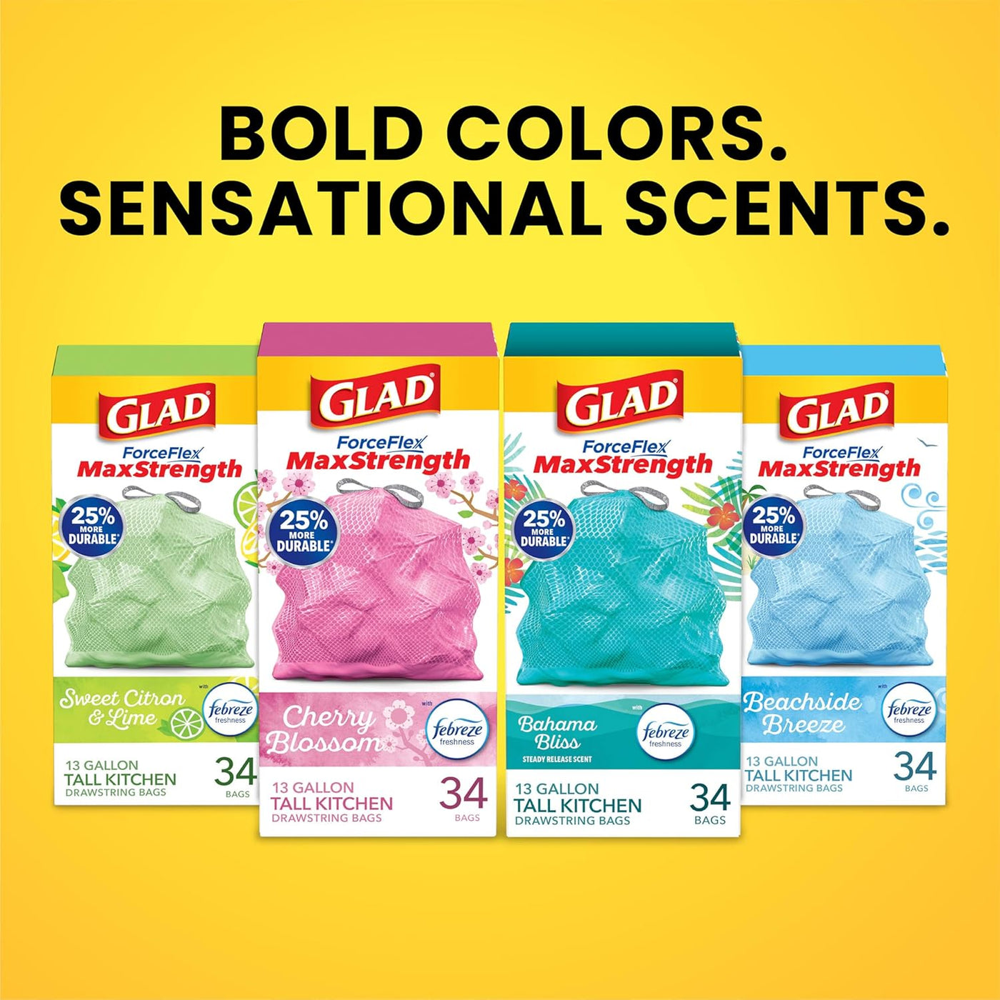 Glad ForceFlex MaxStrength Tall Kitchen Drawstring Trash Bags, 13 Gallon, Sweet Citron Lime with Febreze Freshness, 34 Count, Package May Vary