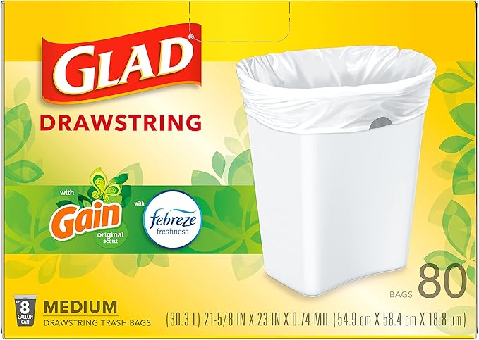 Glad Medium Trash Bags, 8 Gallon, Gain Original with Febreze Garbage Bags, With Odor Control and Drawstring, 80 Count