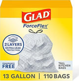 Glad ForceFlex Tall Kitchen Drawstring Trash Bags, 13 Gal, Fragrance Free, 110 Ct (Package May Vary)