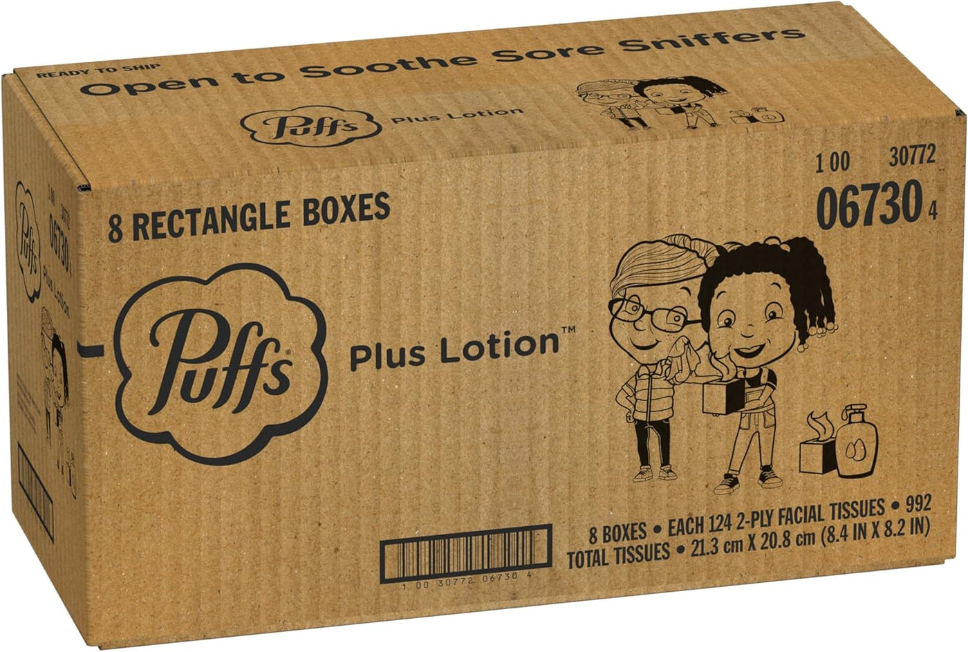 Puffs Plus Lotion Facial Tissues, 8 Family Boxes, 124 Facial Tissues per Box, Allergies and Colds