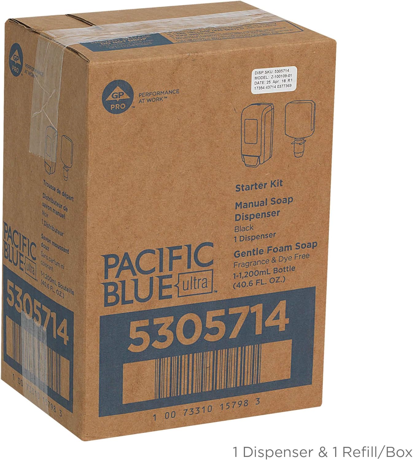 Georgia-Pacific (5305714) Pacific Blue Ultra Manual Push Soap Dispenser with Gentle Foam Hand Soap Refill Starter Kit