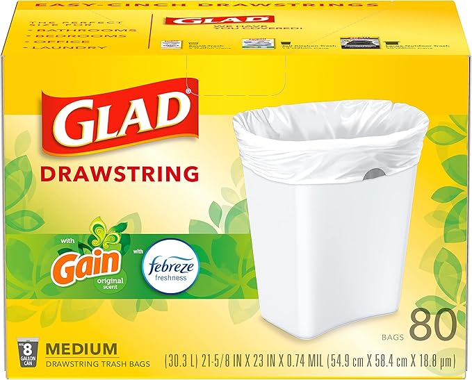 Glad Medium Trash Bags, 8 Gallon, Gain Original with Febreze Garbage Bags, With Odor Control and Drawstring, 80 Count