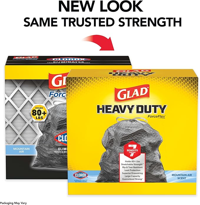 Glad Large 30 Gallon Trash Bags, Clorox Mountain Air Heavy Duty Garbage Bags, Forceflex with Drawstring, 50 Count (Packaging May Vary)