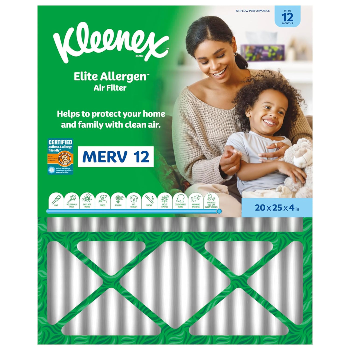 Kleenex Elite Allergen Air Filter 20x25x4 Inches - 12 MERV RATING (2-Pack)