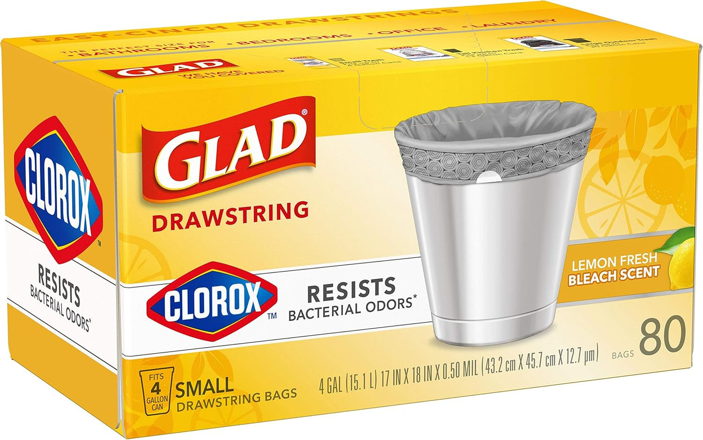 Glad Small Trash Bags 4 Gallon, Lemon Fresh Bleach Garbage Bags, Odor Resistant with Drawstring, 80 Count
